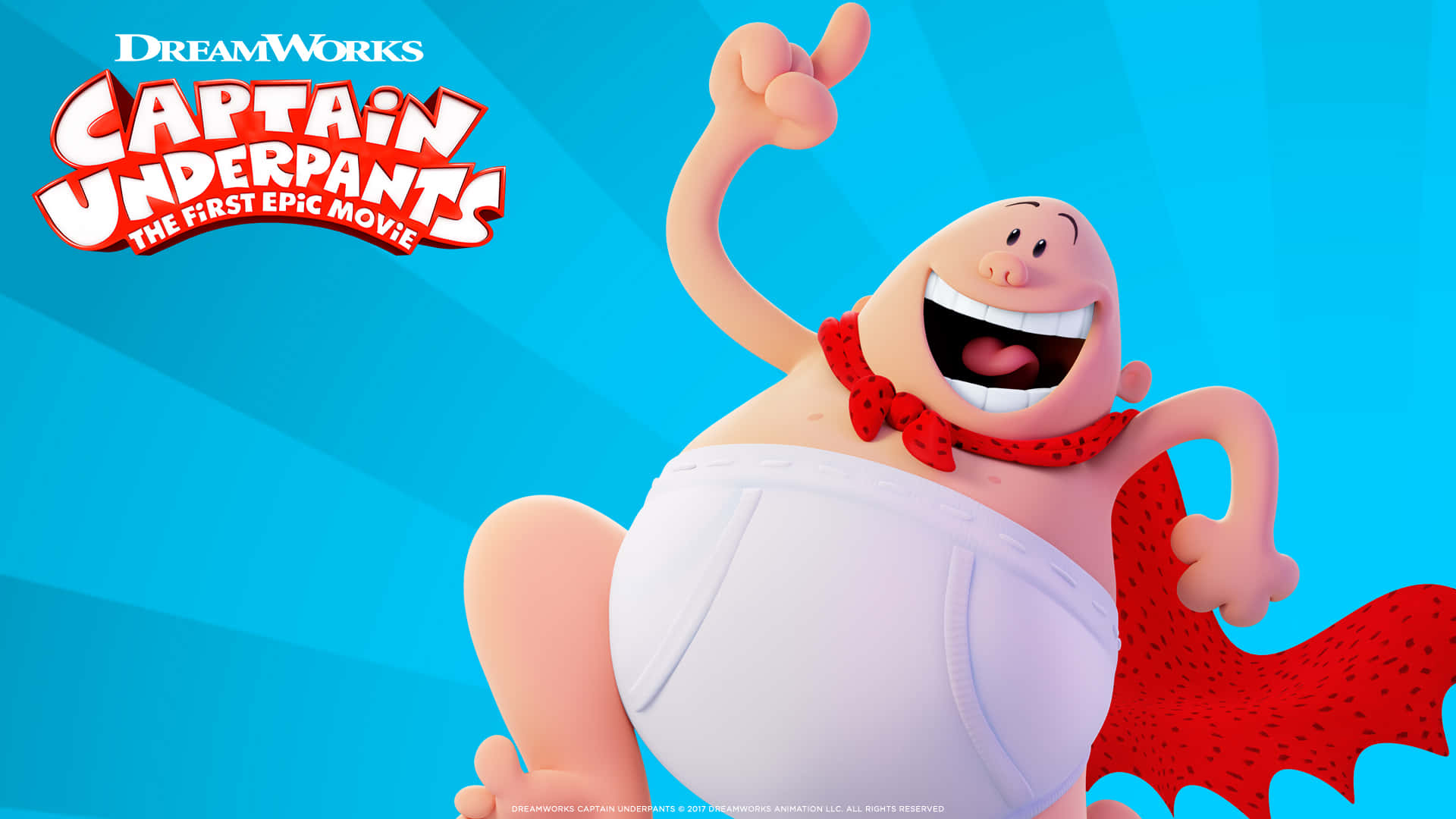 Animated 桌布 壁紙 — Captain Underpants 穿著白色內褲和紅色斗篷，在明亮的藍色背景前勝利地微笑。