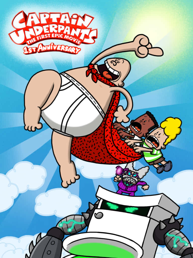 Animated 桌布 壁紙 — Captain Underpants 在明亮的藍天中翱翔，伴隨著兩個尖叫的孩子，下方有一個機器人反派潛伏著。