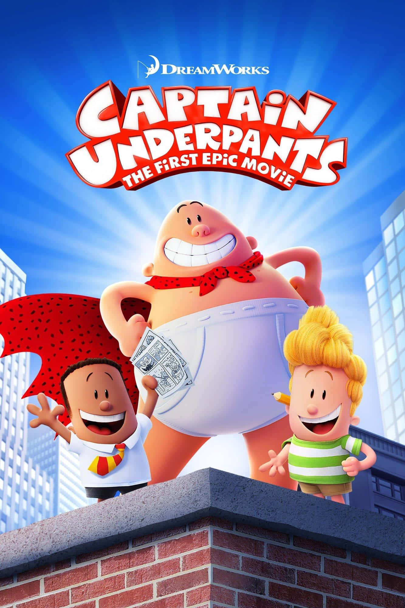 Animated 桌布 壁紙 — Captain Underpants 英雄式地站在磚屋頂上，旁邊有兩個微笑的男孩，背景是明亮的藍天和陽光射線。