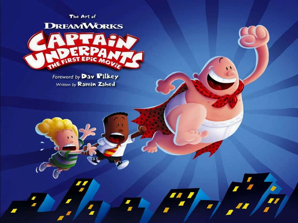 電影動圖 桌布 壁紙 — Captain Underpants 愉快地飛過夜晚的城市景觀，身後有兩個孩子在歡呼。