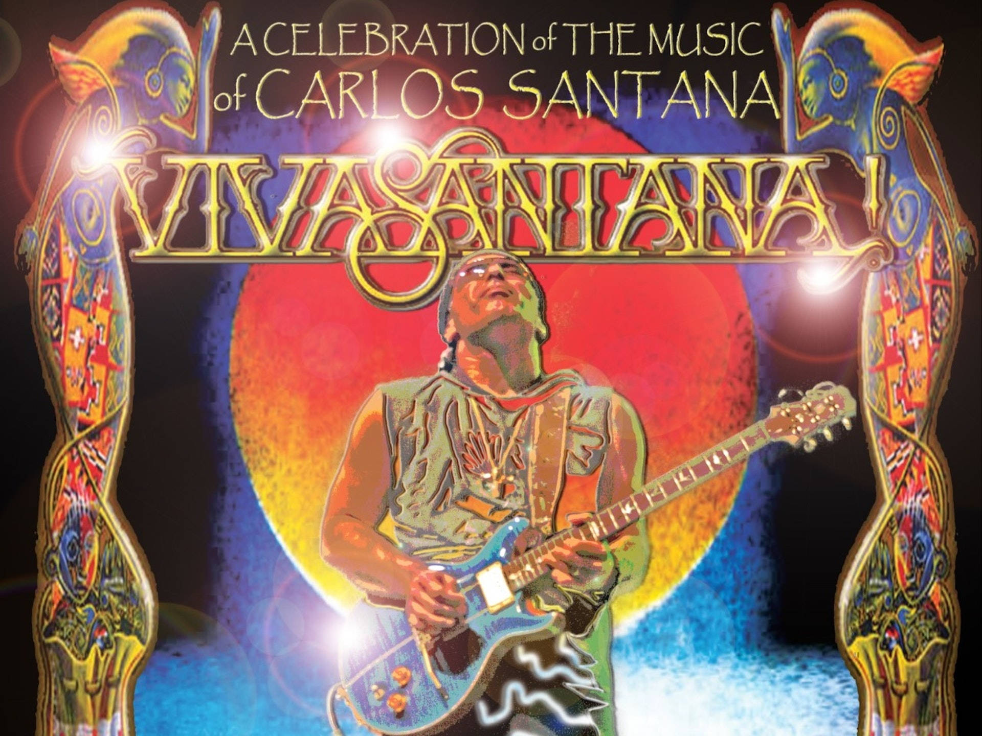 設計 桌布 壁紙 — Carlos Santana 在燦爛的陽光下彈奏電吉他，華麗多彩的邊框環繞著專輯藝術。