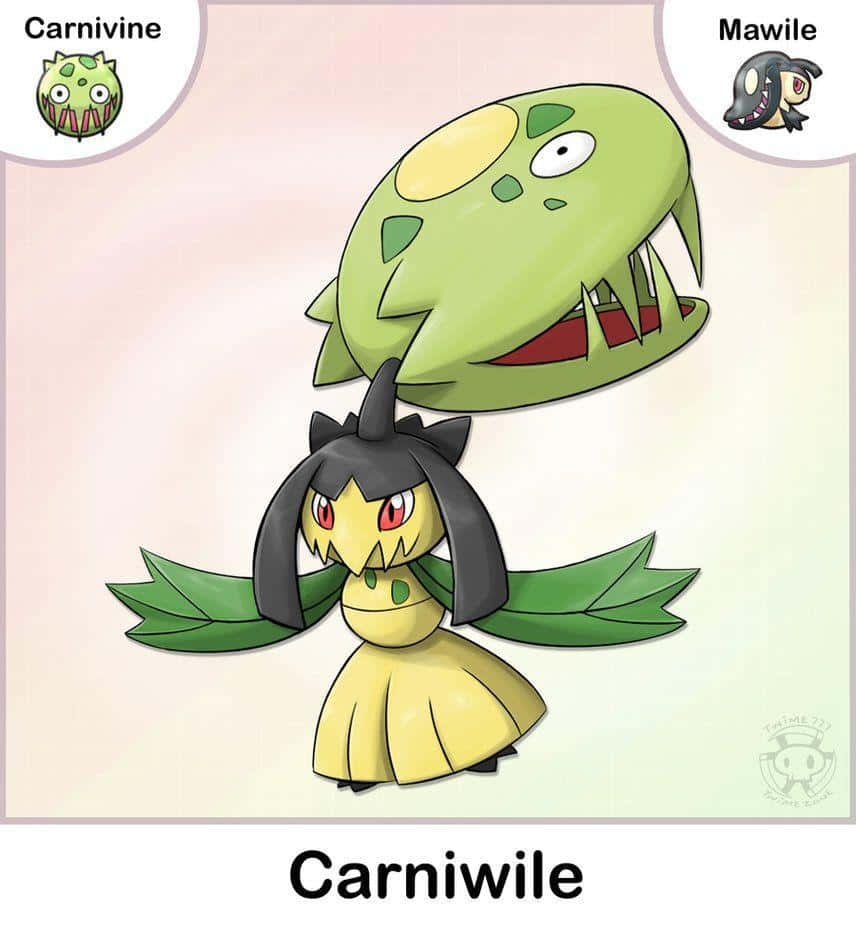 寶可夢 桌布 壁紙 — Carnivine 和 Mawile 的卡通融合體，擁有綠色植物頭部和黃色連衣裙，站在柔和的漸變背景前。