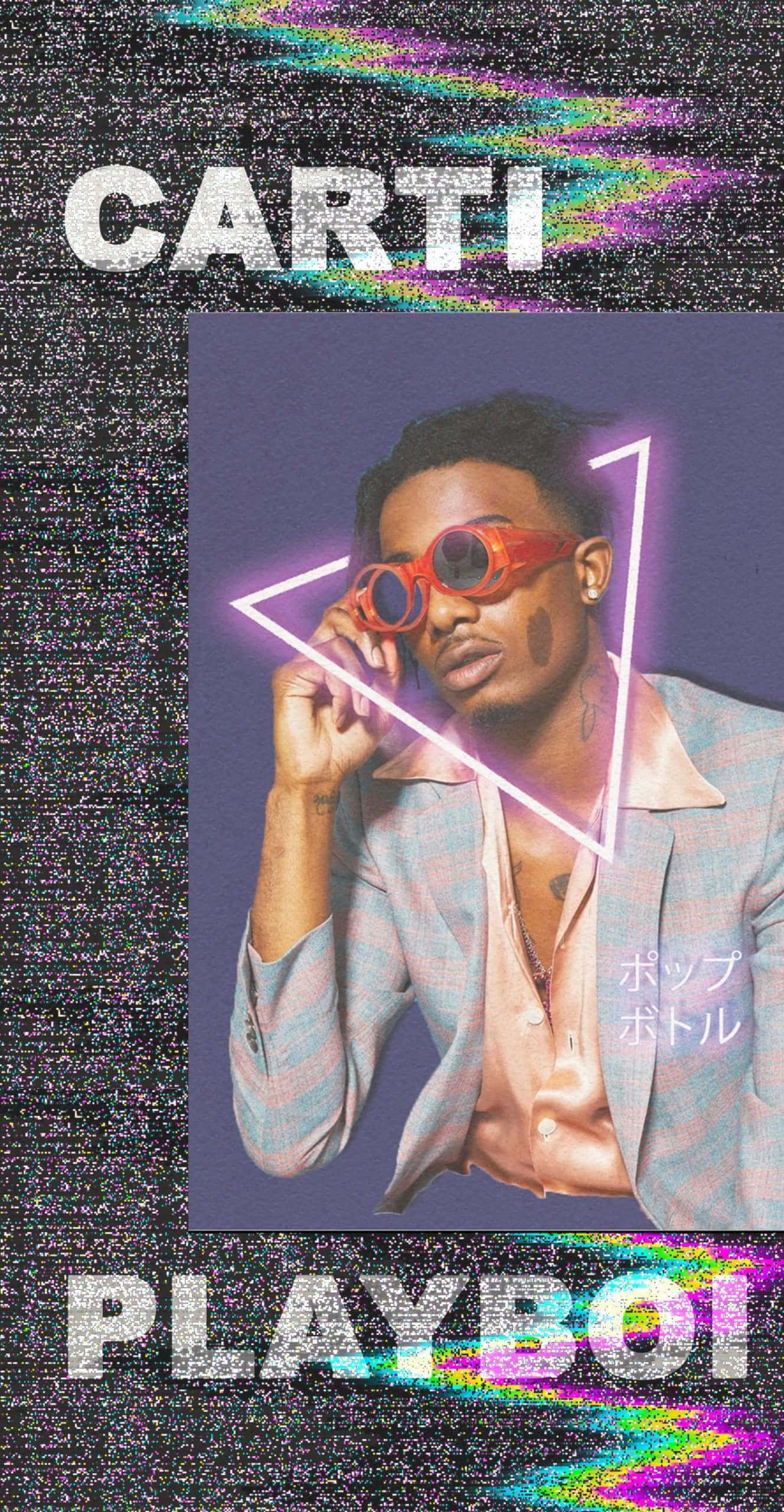 Playboi Carti iPhone 桌布 壁紙 — Carti 戴著紅色太陽眼鏡和格紋外套，背景是帶有故障效果的彩虹色，並有「CARTI」和「PLAYBOI」文字。