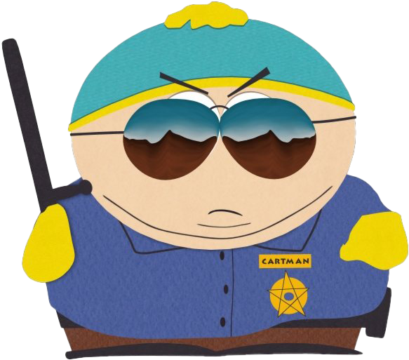 Cartoon 桌布 壁紙 — Cartman 穿著藍色警長制服，帶有黃色點綴，戴著太陽眼鏡，手持對講機。