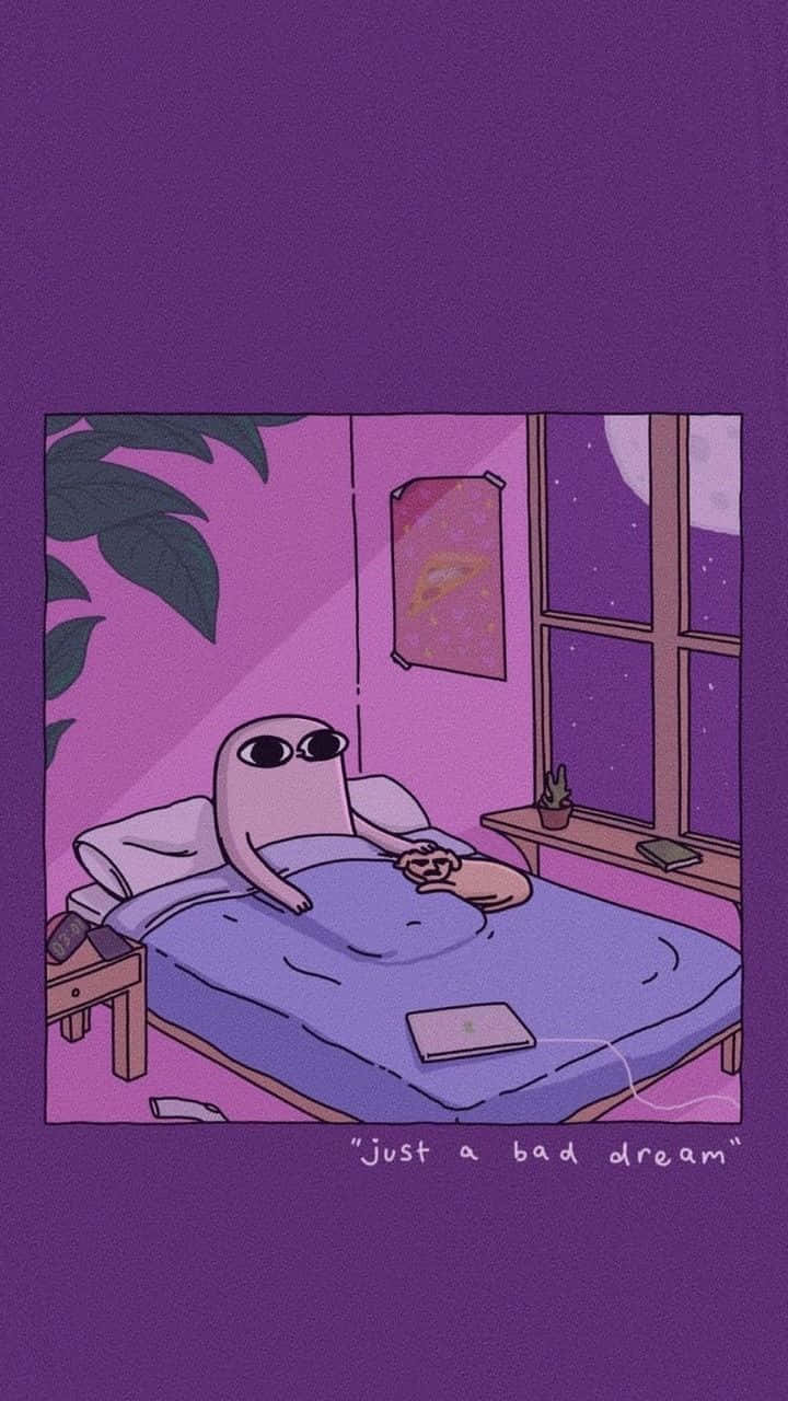  壁紙 — 一個卡通外星人躺在床上，在紫色燈光下拿著一個心形物體，窗外星星閃爍。