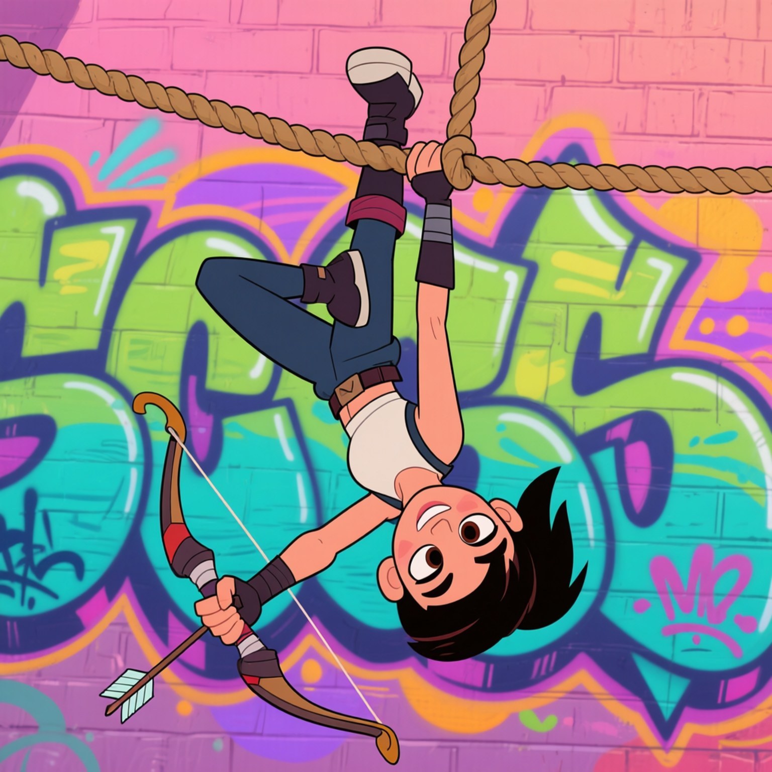 Upside Down Archer 壁紙 — 一個卡通弓箭手倒掛在繩子上，對著充滿活力的塗鴉牆瞄準弓箭。