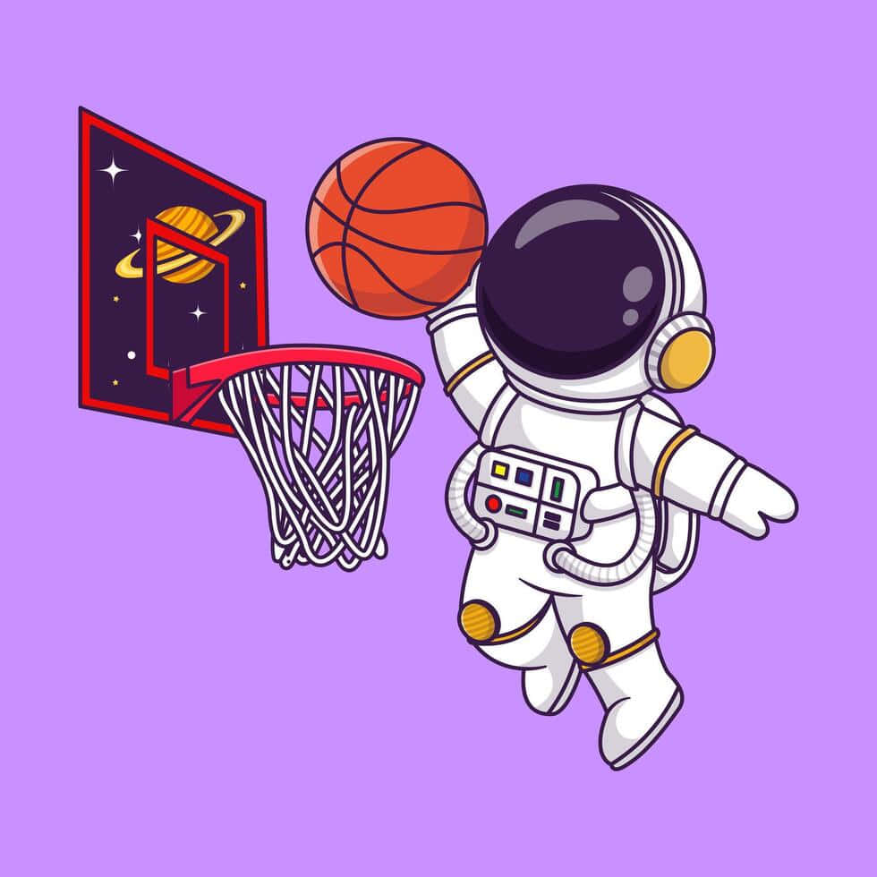  壁紙 — 一個穿著白色太空衣的卡通太空人，在紫色天空的土星背景下將籃球灌入籃框。