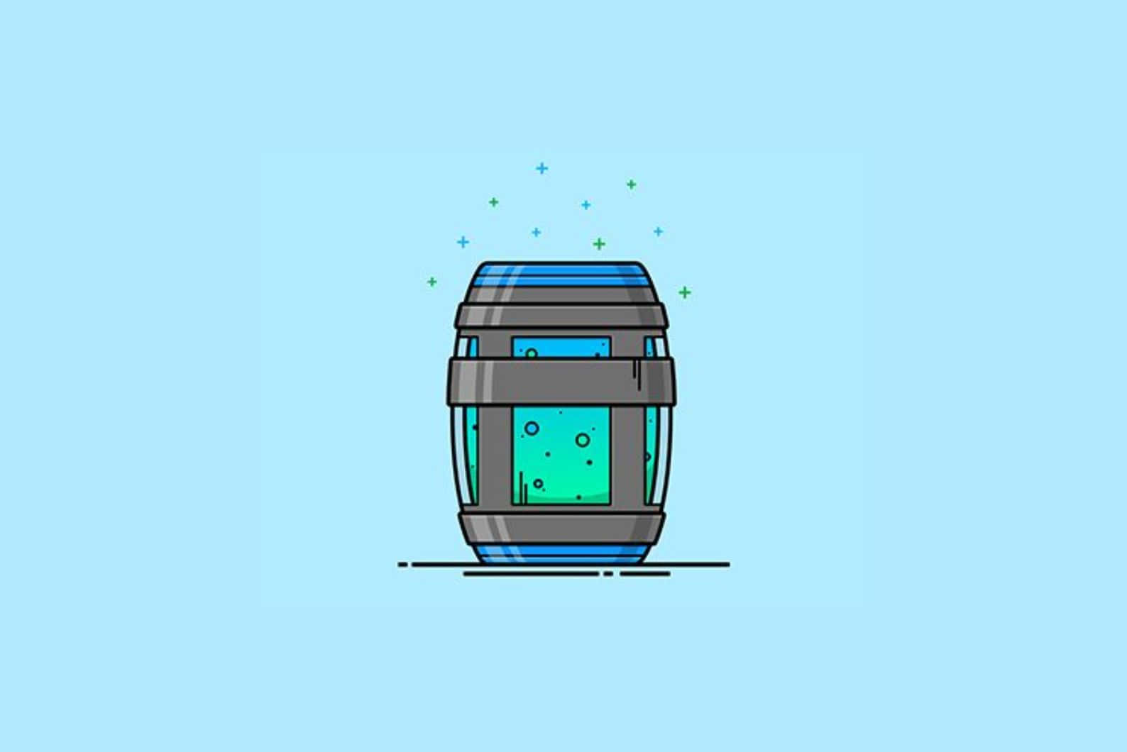  壁紙 — 一個卡通風格的桶，裝滿發光的綠色液體和漂浮的閃光，背景為淺藍色。