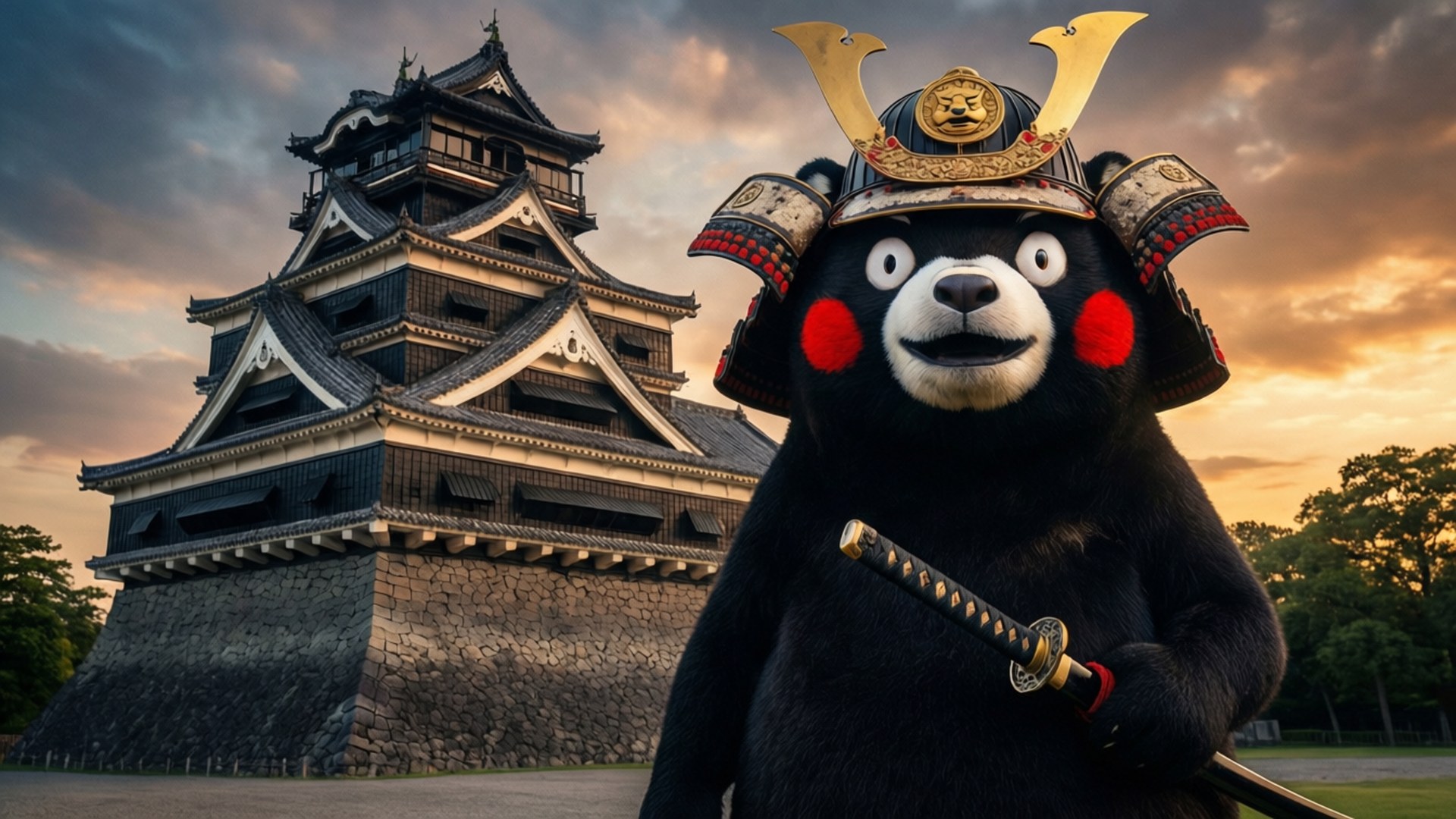 熊本熊 桌布 壁紙 — 一隻卡通黑熊穿著武士鎧甲，在日落時分自豪地站在傳統日本城堡前。