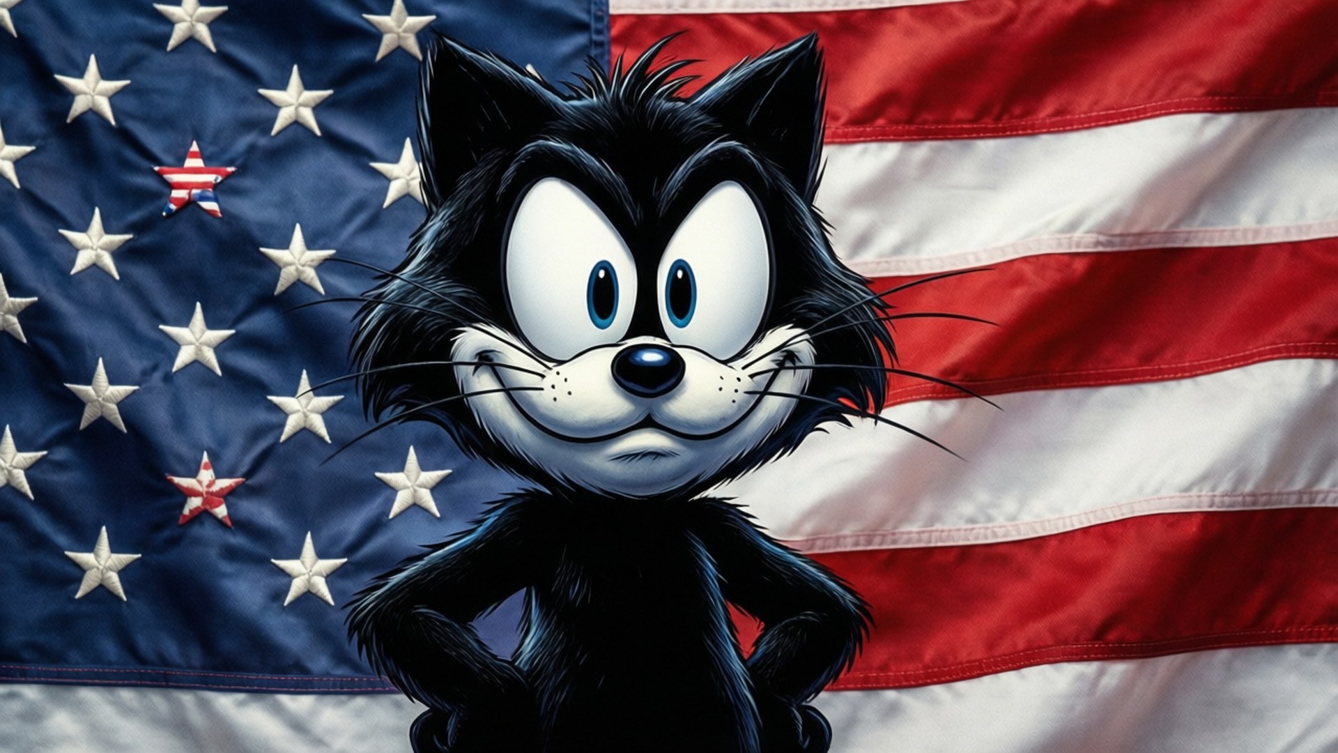 Patriotic Felix 壁紙 — 一隻卡通黑貓，有著大大的藍色眼睛，自信地站在飄揚的美國國旗前。