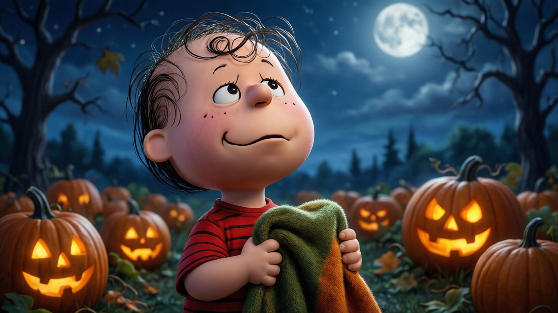 Linus Waits for the Great Pumpkin 壁紙 — 一個卡通男孩穿著紅色條紋襯衫，在滿月下發光的南瓜中拿著一條綠色毯子。