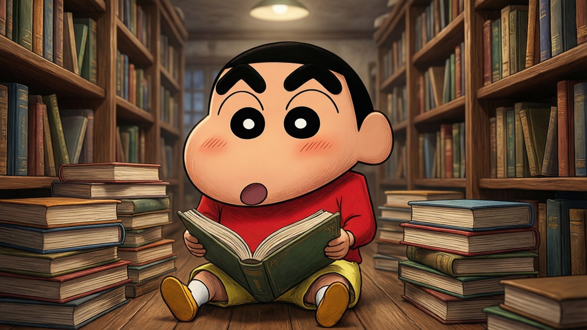 Shin Chan Bookworm 壁紙 — 一個穿著紅色襯衫的卡通男孩驚訝地坐在木地板上，周圍是高大的書架和堆疊的書籍，在一個舒適的圖書館裡。
