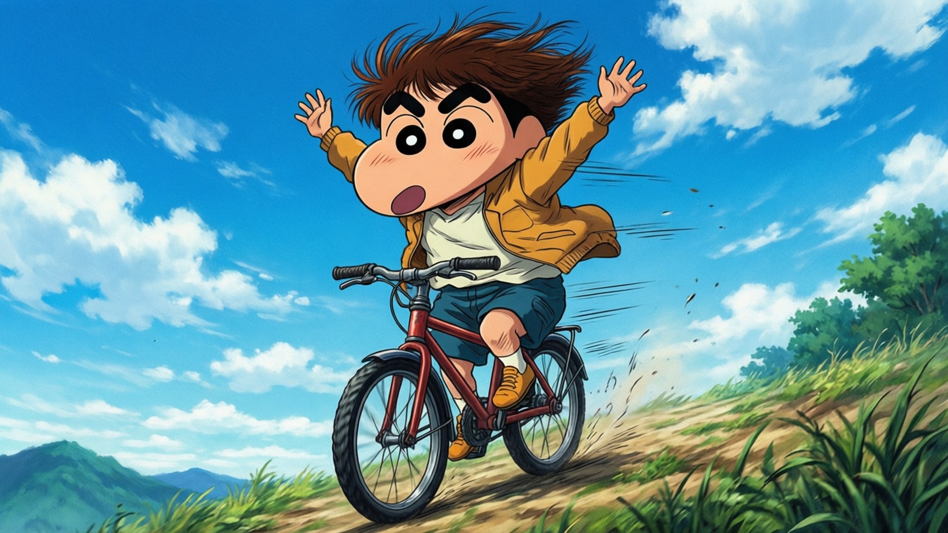 Bike Adventure Downhill 壁紙 — 一個棕色頭髮的卡通男孩在明亮的藍天和蓬鬆的雲朵下，騎著紅色自行車從草地山坡上下來。