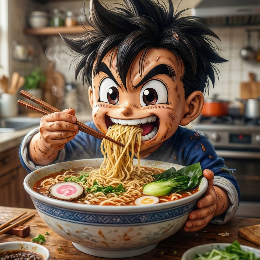 Ramen Time 壁紙 — 一個卡通男孩，黑色亂髮，在廚房裡高興地從大碗裡吸食冒煙的拉麵。