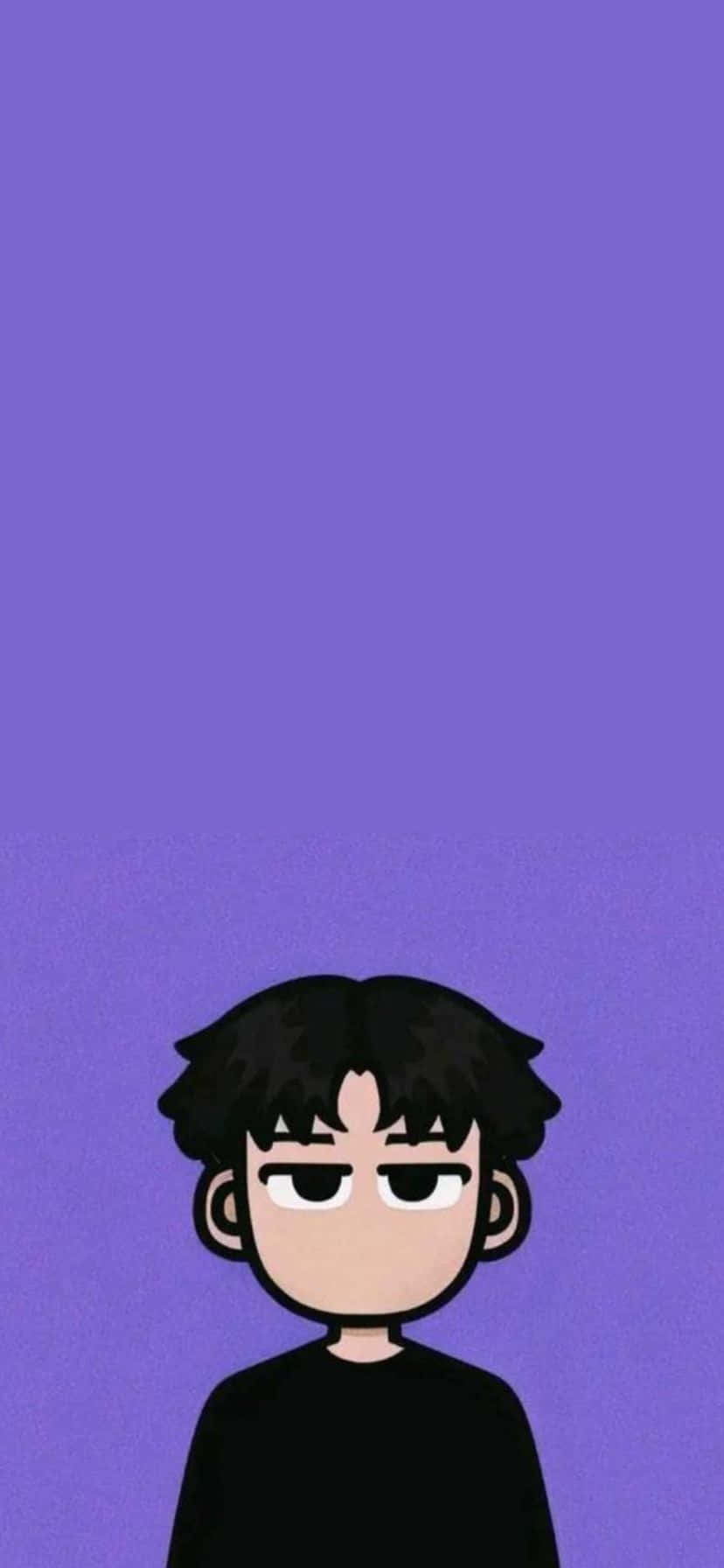  壁紙 — 一個黑髮黑襯衫的卡通男孩，在純紫色背景前茫然地凝視。