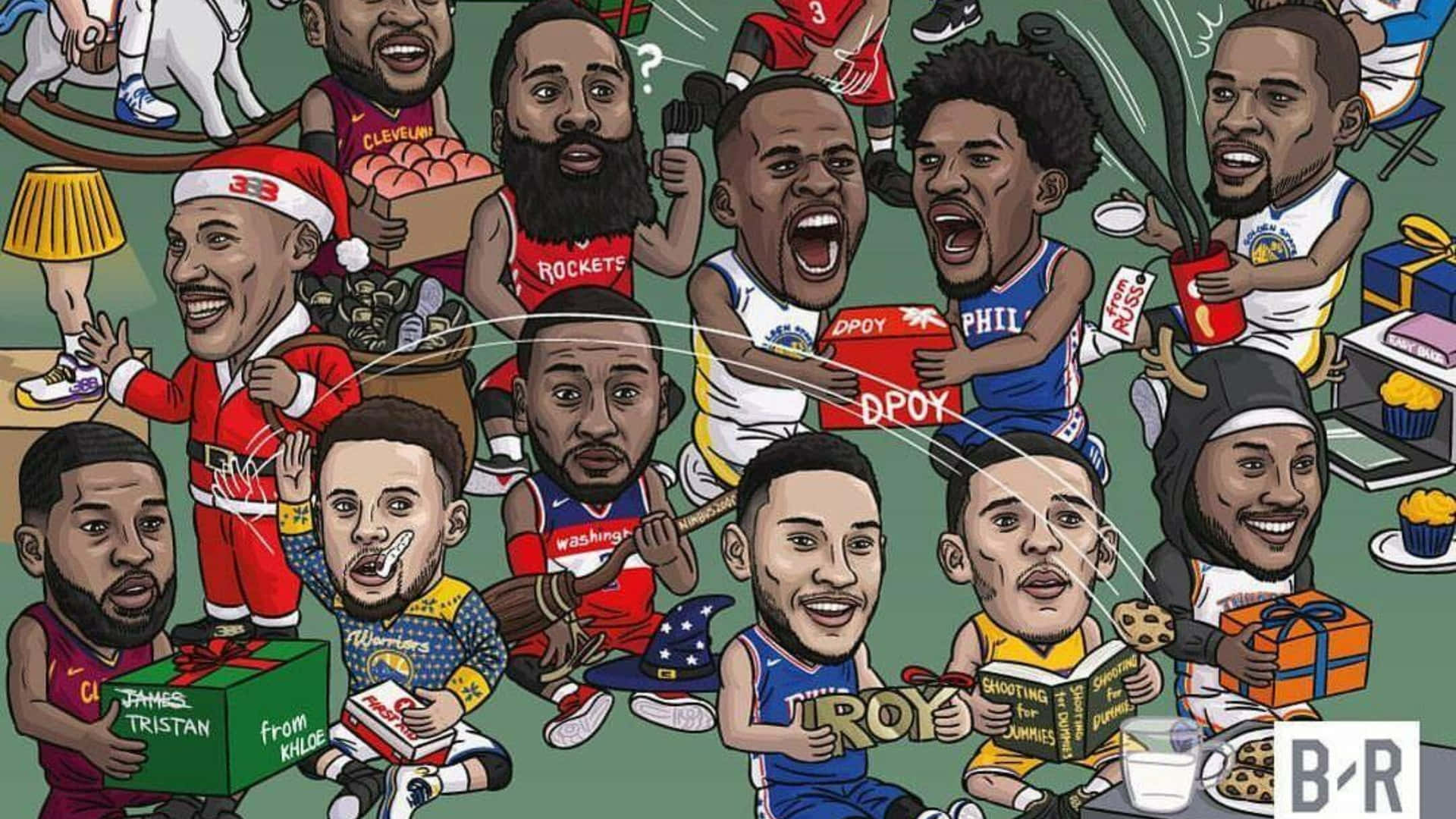 卡通風格的籃球運動員為聖誕節打扮，配有禮物和美食。 — NBA聖誕節 壁紙
