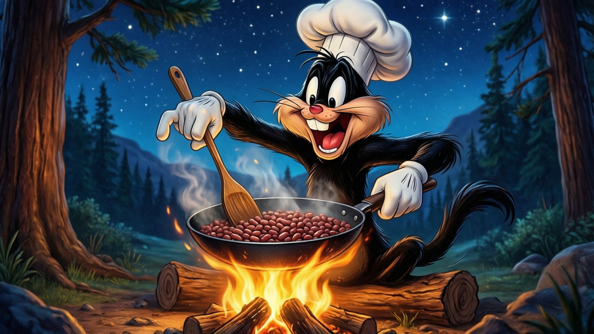 Campfire Cook Sam 壁紙 — 一隻戴白帽的卡通貓廚師在森林中星空下的營火上用煎鍋攪拌豆子。