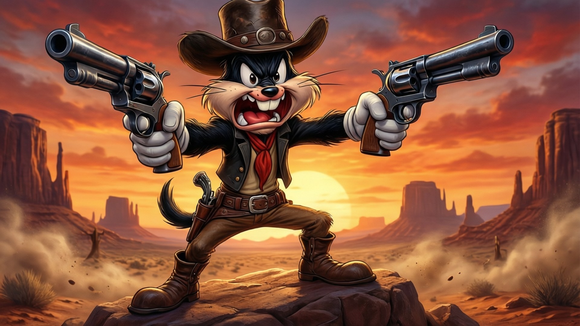 Desert Duel Showdown 壁紙 — 一隻卡通貓牛仔手持雙左輪手槍，在日落時分挑釁地站在沙漠岩石上，背景有平頂山。
