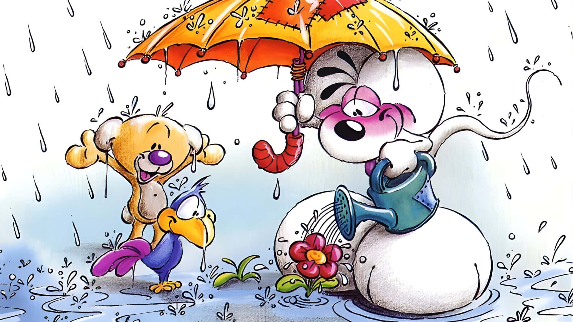  壁紙 — 一隻卡通貓快樂地為花朵澆水，同時撐著雨傘，而熊和鳥在雨中大笑。