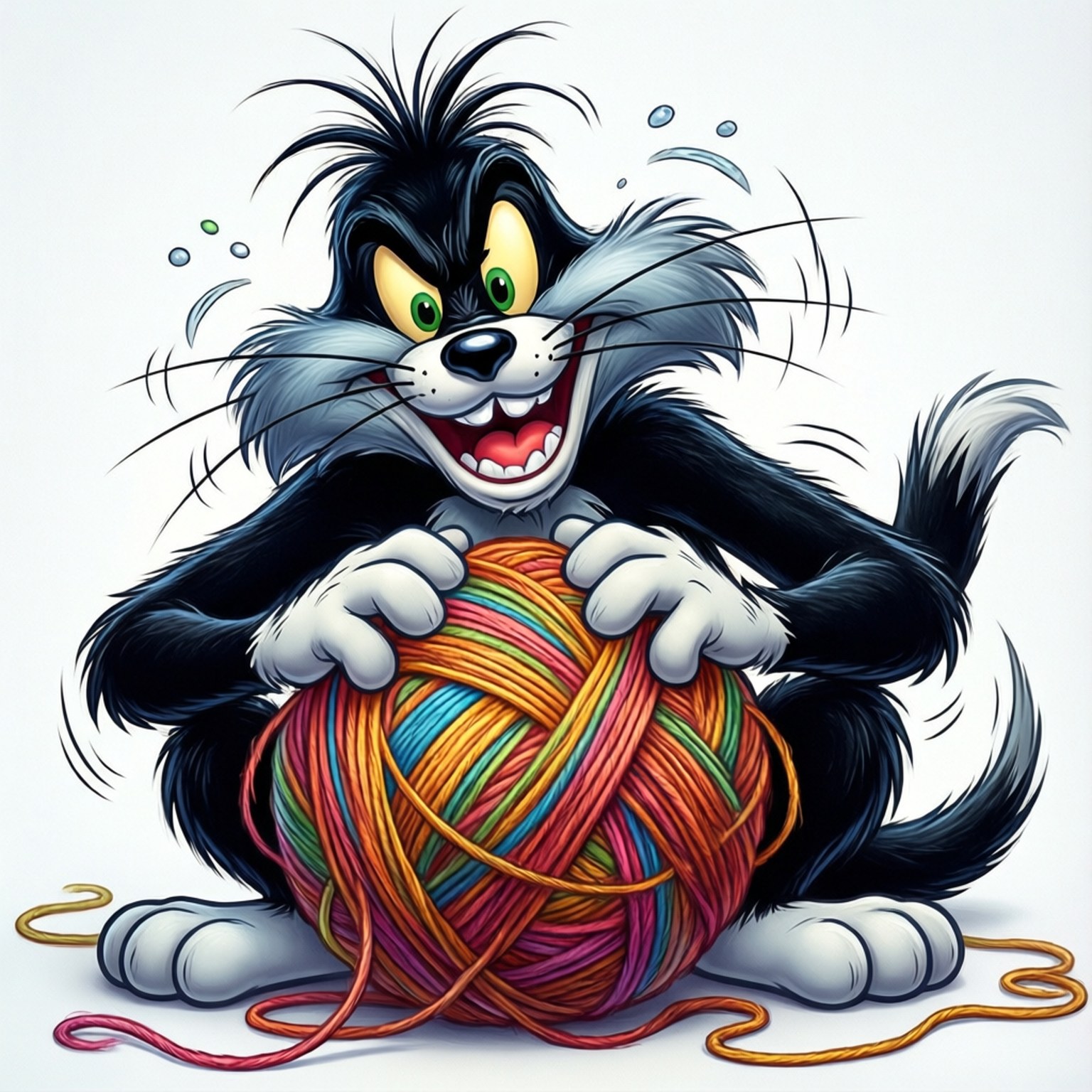 Yarn Tangle Sylvester 壁紙 — 一隻擁有狂野黑毛和綠眼睛的卡通貓，在純白背景前高興地抓著一個巨大的多色毛線球。
