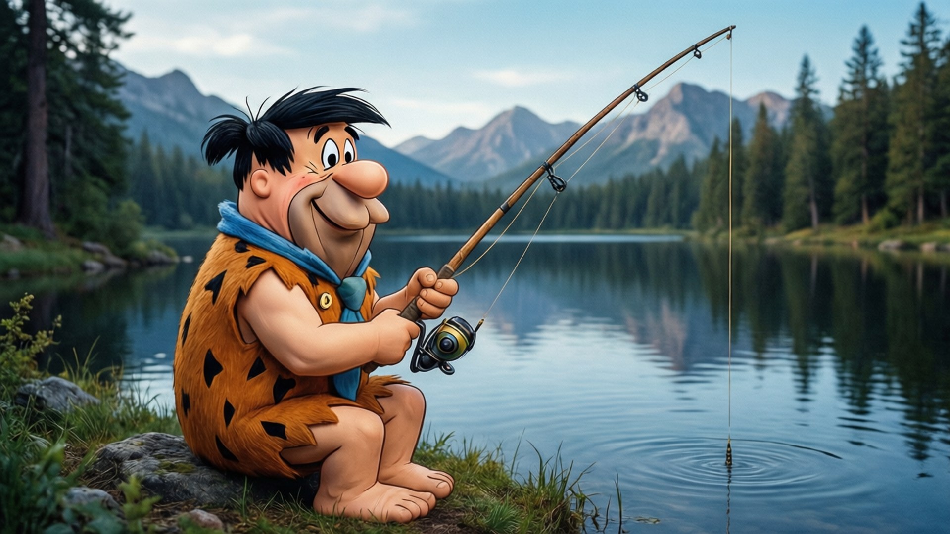Quiet Fishing Day 壁紙 — 一個卡通原始人身穿豹紋束腰外衣，坐在寧靜的山湖旁，將釣竿拋入平靜的水中。