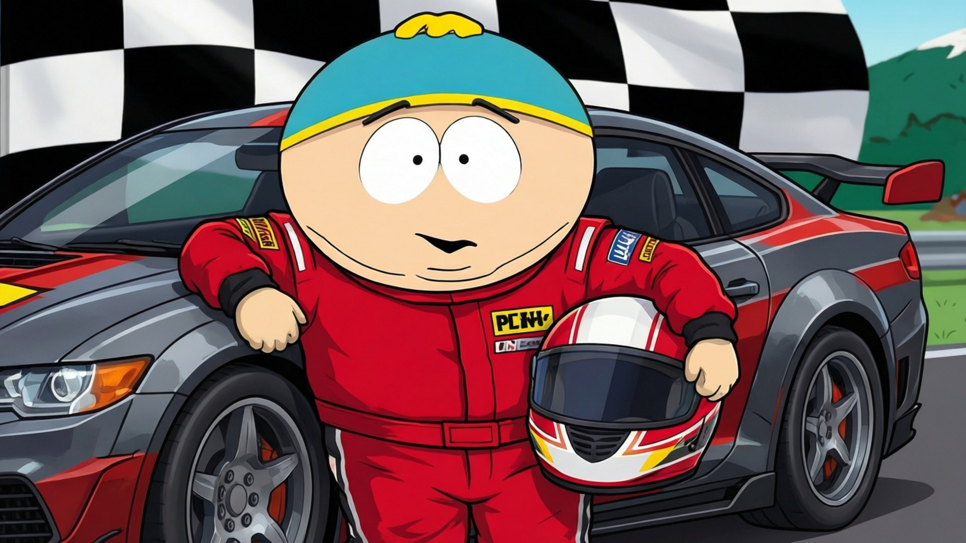 Racer Cartman Victory 壁紙 — 卡通角色身穿紅色賽車服，靠在流線型賽車上，在方格旗下手持頭盔。