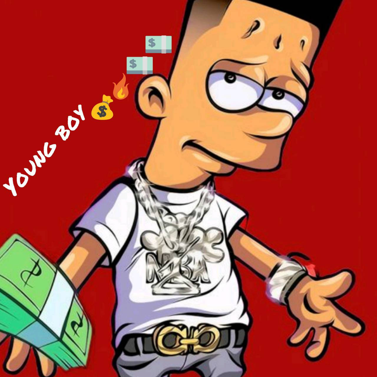 卡通男孩手持現金，美元符號在他周圍漂浮。 — NBA Youngboy 壁紙