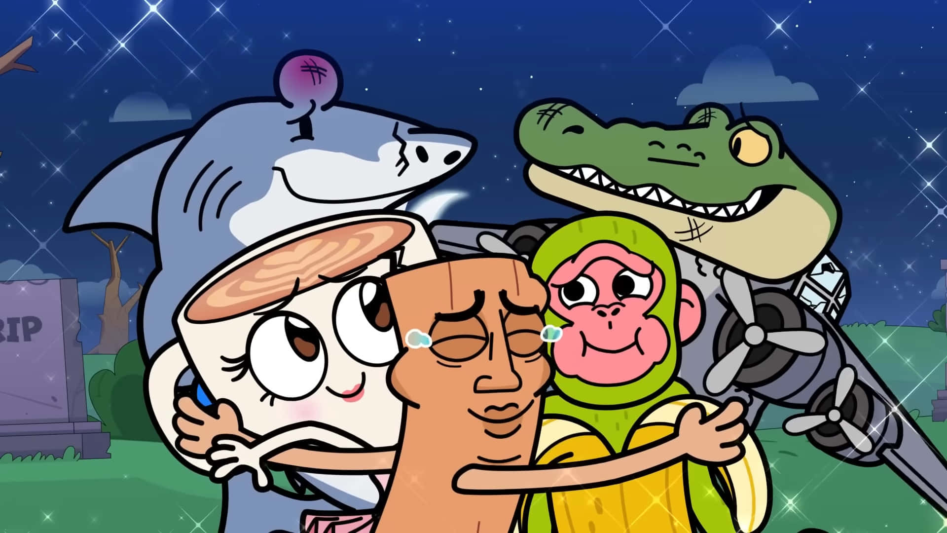  壁紙 — 卡通角色包括鯊魚、鱷魚和猴子，在星光燦爛的墓地夜間愉快地擺姿勢。