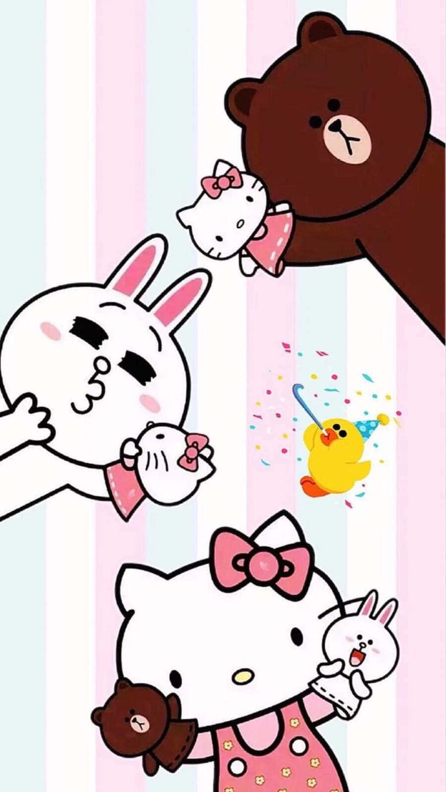 Hello Kitty Brown Bear和Rabbit在粉彩條紋背景上用五彩紙屑慶祝。 — Hello Kitty 壁紙