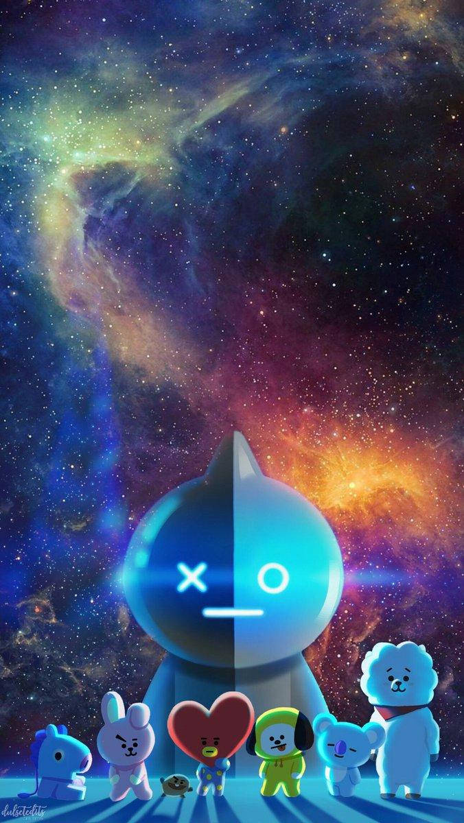 卡通人物聚集在一個發光的宇宙人物前，背景是星光燦爛的星雲。 — Bts 壁紙