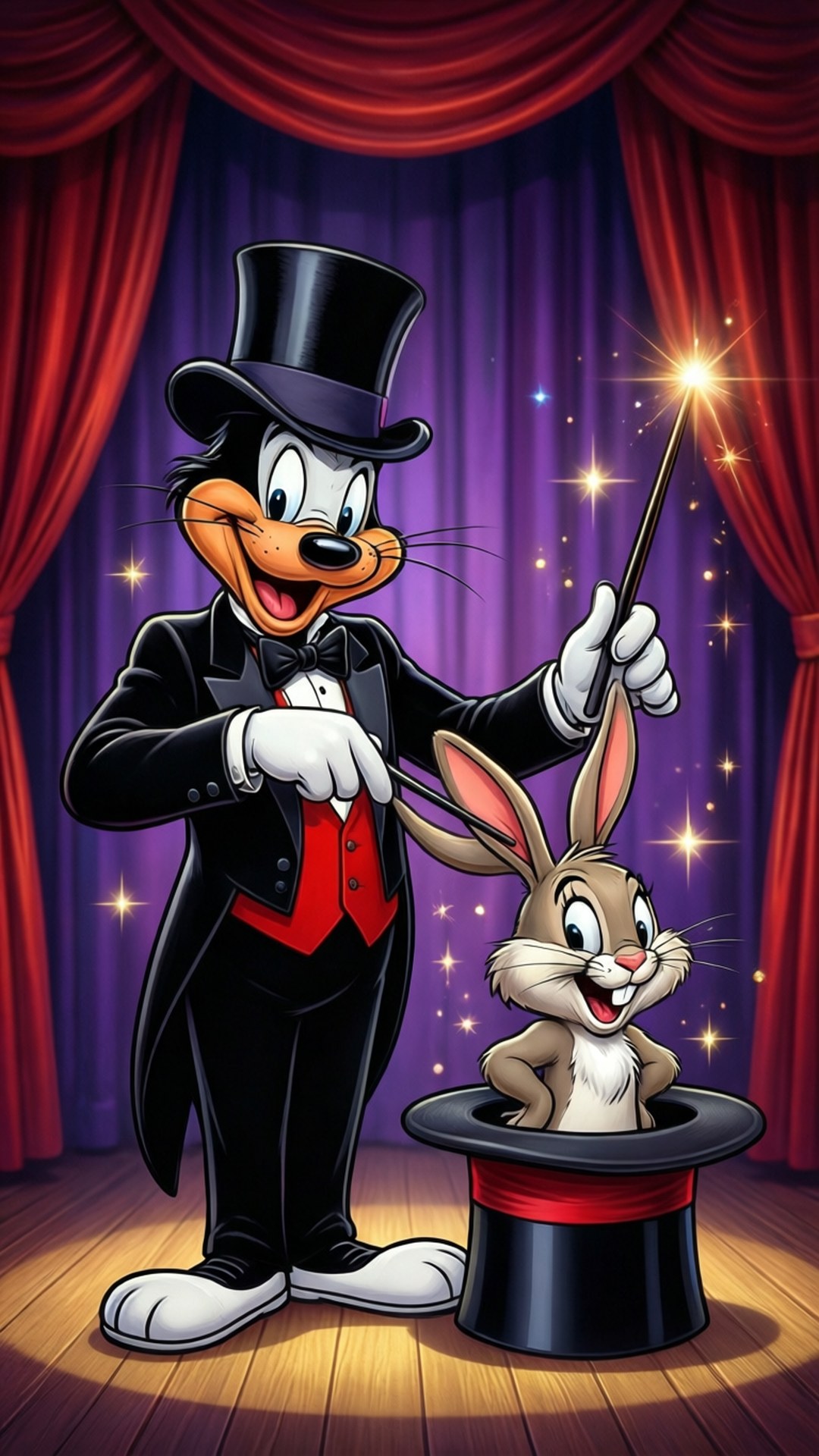 Magician Tuxedo Sam 壁紙 — 一隻穿著燕尾服和高帽的卡通鴨魔術師，在紅色舞台幕布和閃爍星星下，從高帽中拉出一隻微笑的兔子。