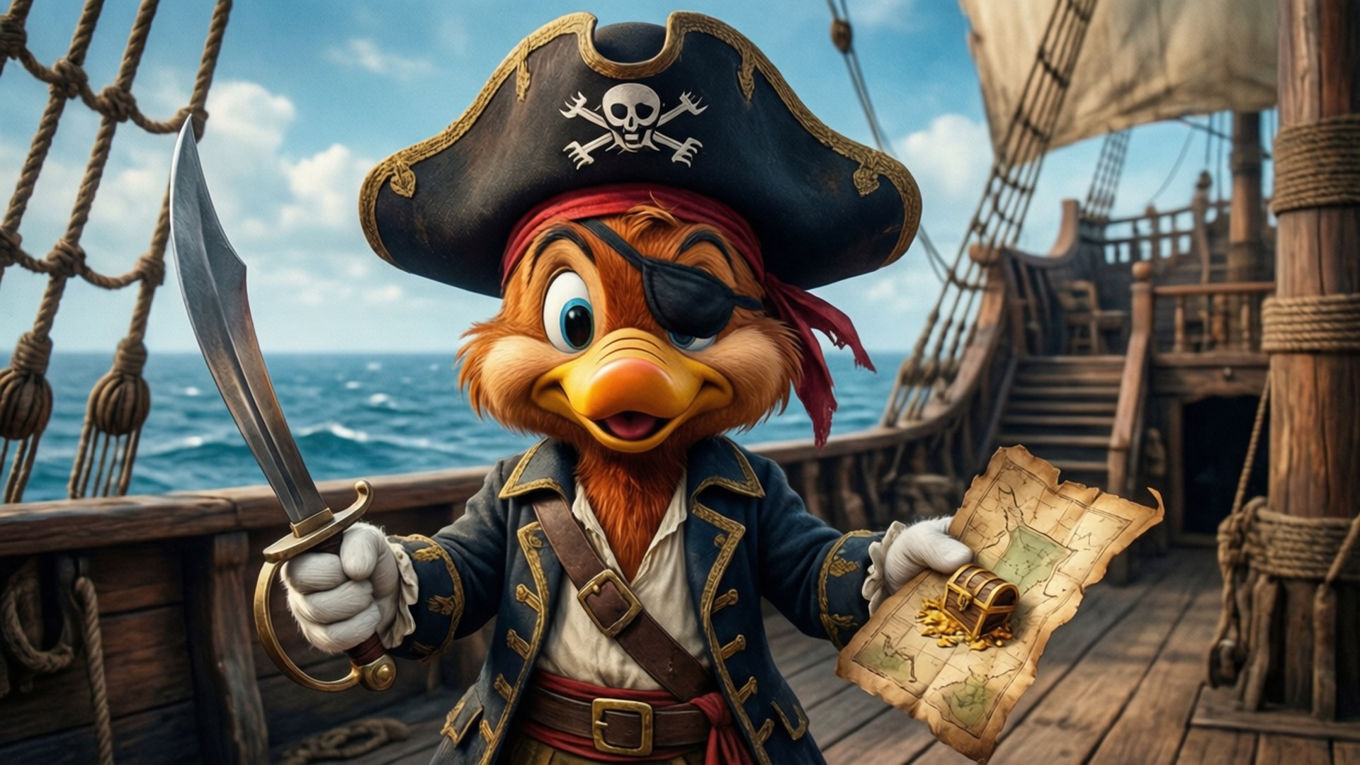 Pirate Woody 壁紙 — 一隻卡通鴨海盜戴著眼罩和劍站在船甲板上，拿著藏寶圖和寶箱。