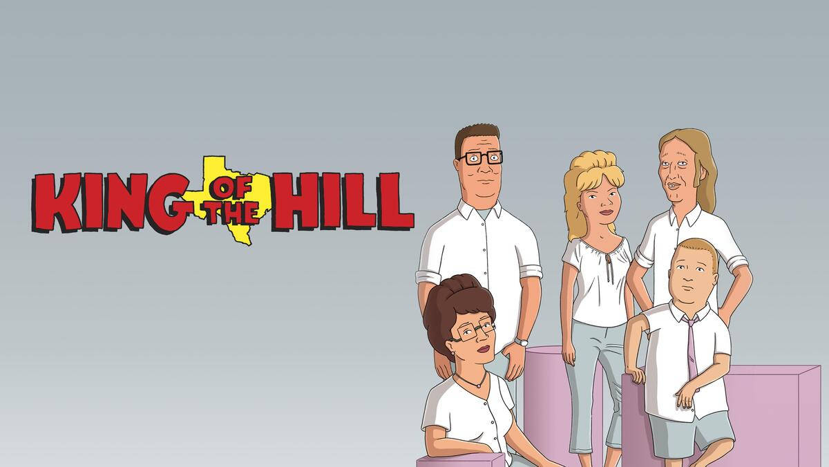 山丘之王 桌布 壁紙 — 《King of the Hill》的卡通家庭站在粉紅色方塊上，背景是純灰色。