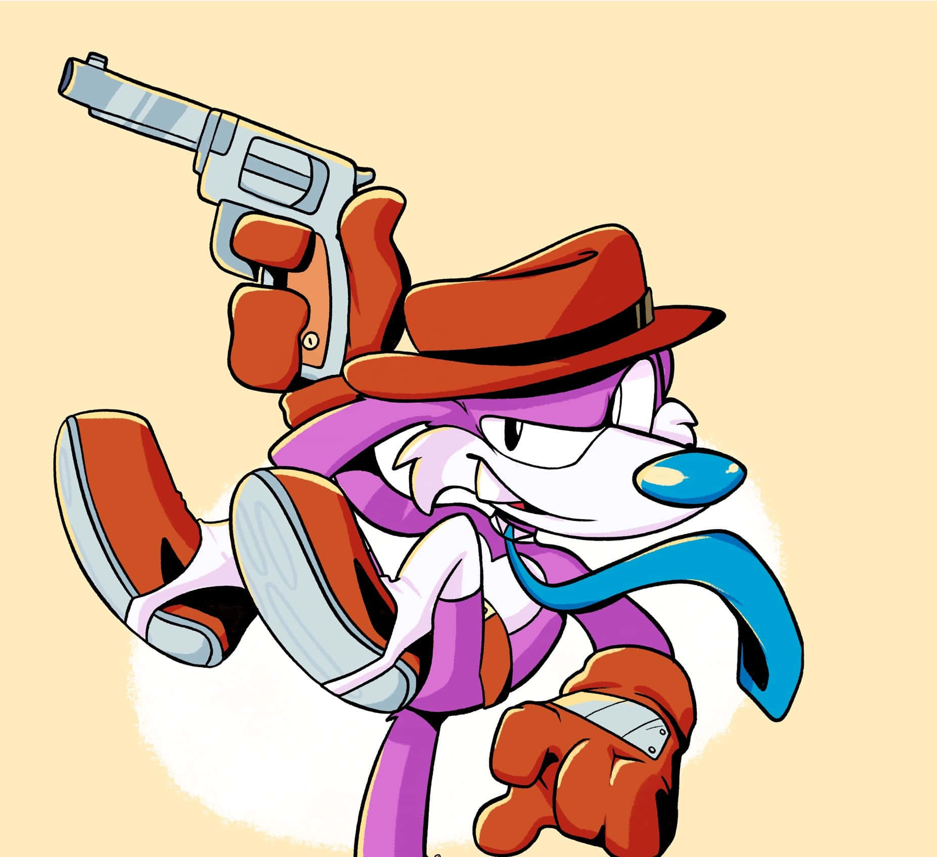 Fang The Sniper 桌布 壁紙 — 一隻戴紅色軟呢帽、穿紫色西裝的卡通狐狸，在米色背景前自信地微笑，瞄準左輪手槍。