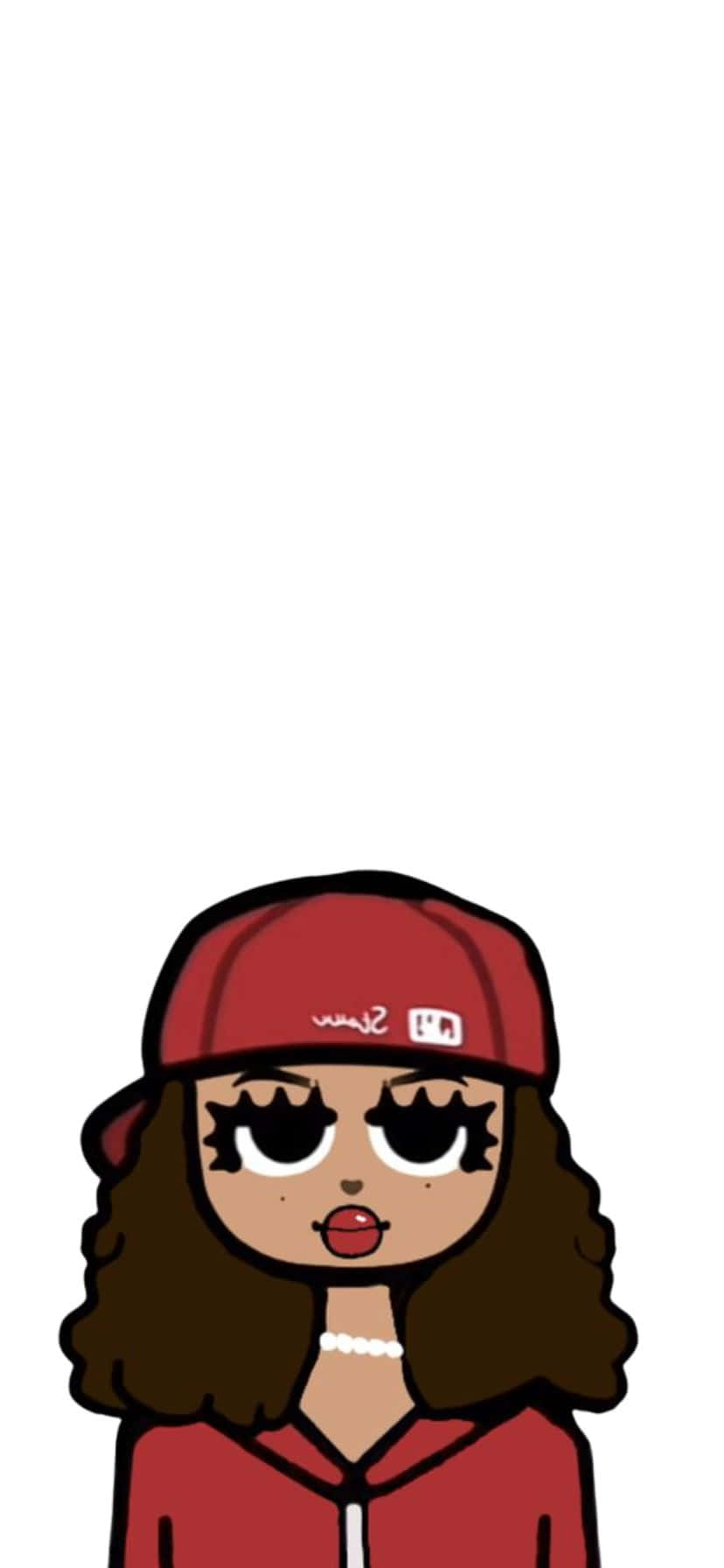  壁紙 — 一個大眼捲髮的卡通女孩，在純白背景前戴著紅色帽子和連帽上衣。
