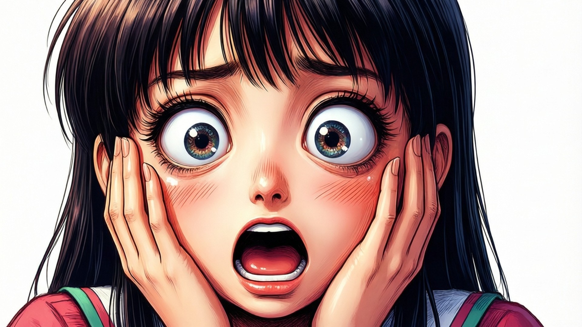 Anime Shock Face Meme 壁紙 — 一個卡通女孩睜大眼睛，雙手放在臉頰上，在純白色背景前震驚地尖叫。