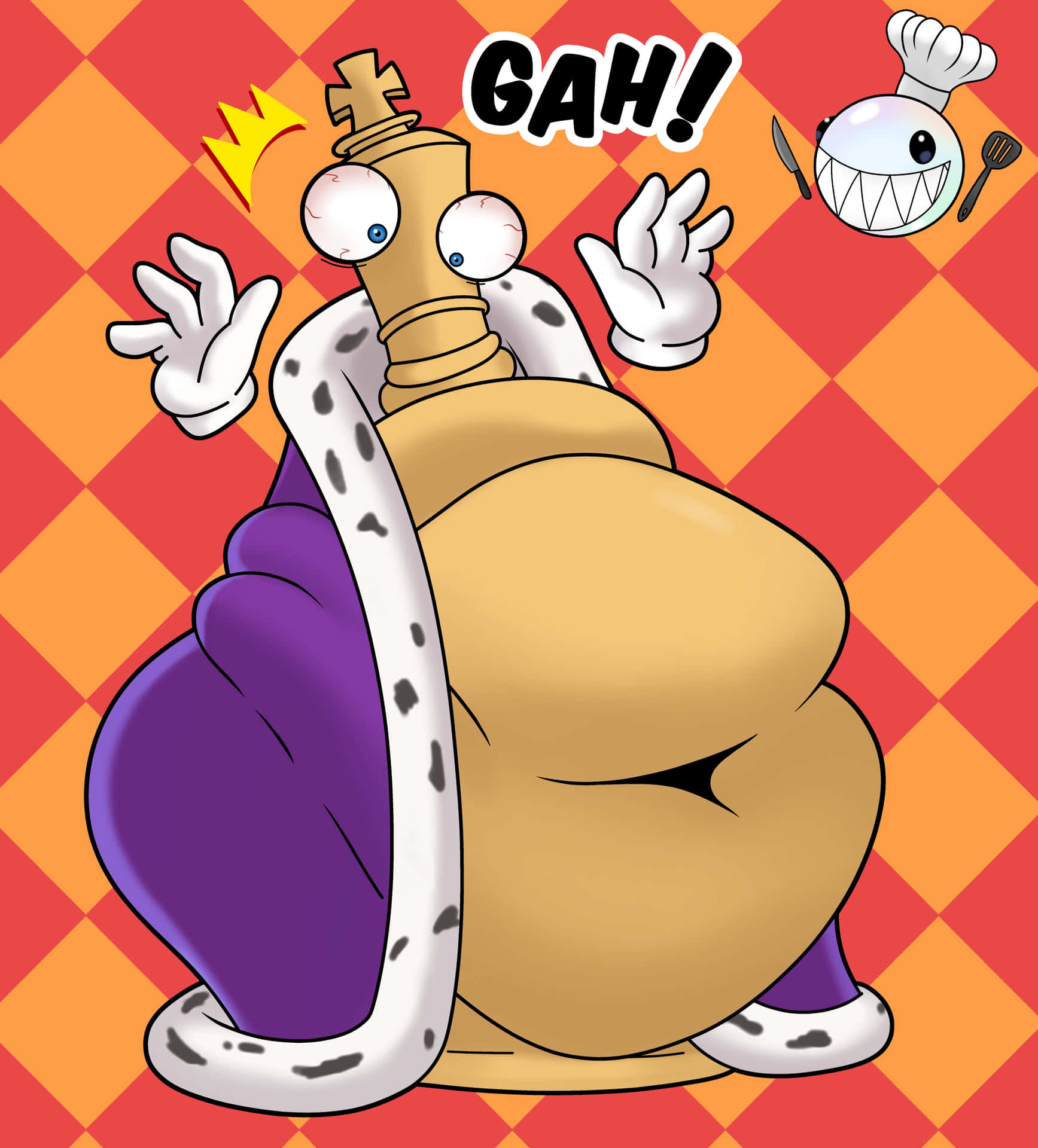  壁紙 — 一隻戴著皇冠和紫色斗篷的卡通蝸牛國王尖叫著「GAH！」，而一個拿著刀的廚師鬼魂在格子背景附近飄浮。