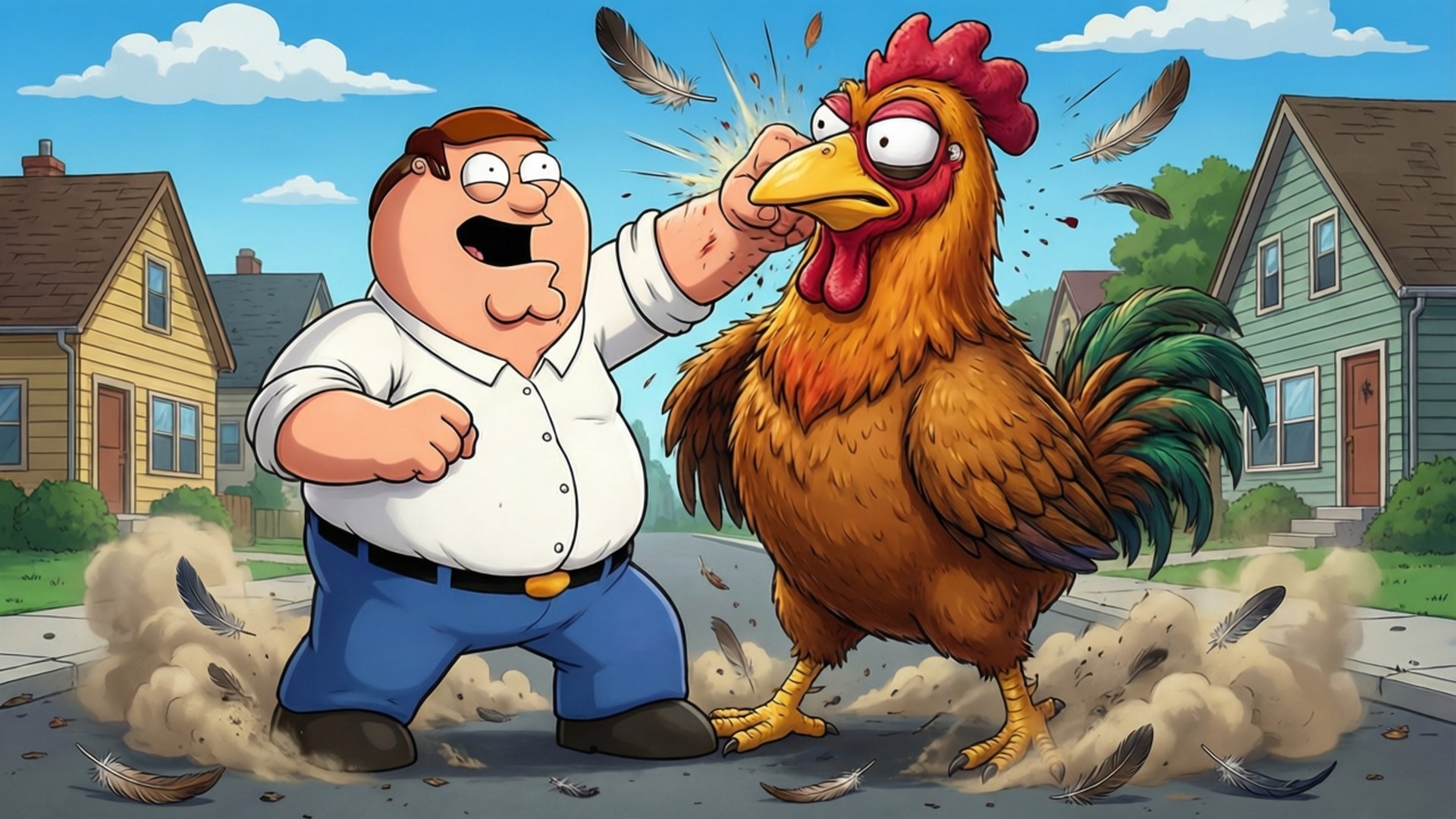 Chicken Fight Showdown 壁紙 — 一個卡通男人穿著白襯衫，在郊區街道上拳打一隻受驚的公雞，羽毛飛揚，塵土飛揚。