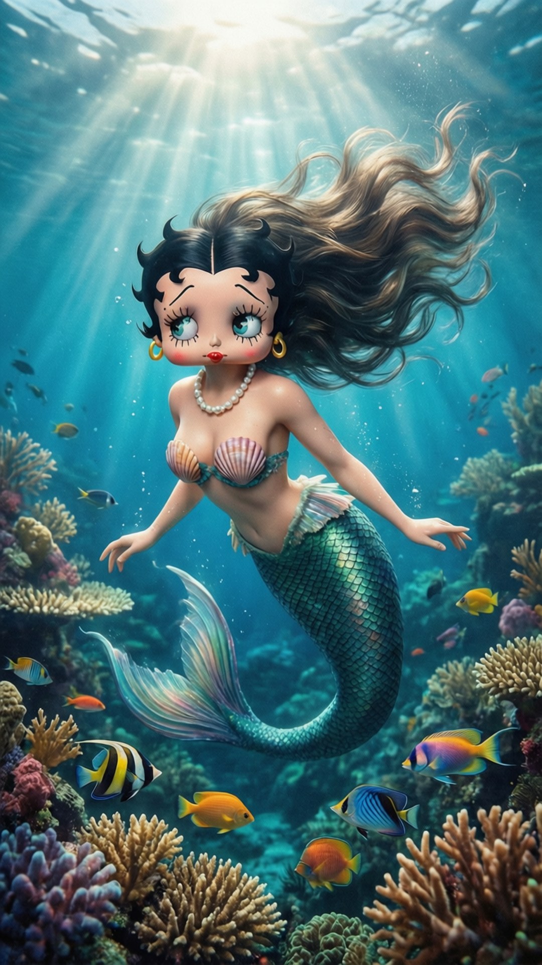 Mermaid of the Coral Reef 壁紙 — 卡通美人魚，大眼睛，頭髮飄逸，在陽光普照、充滿色彩繽紛魚群的珊瑚礁中優雅地游動。