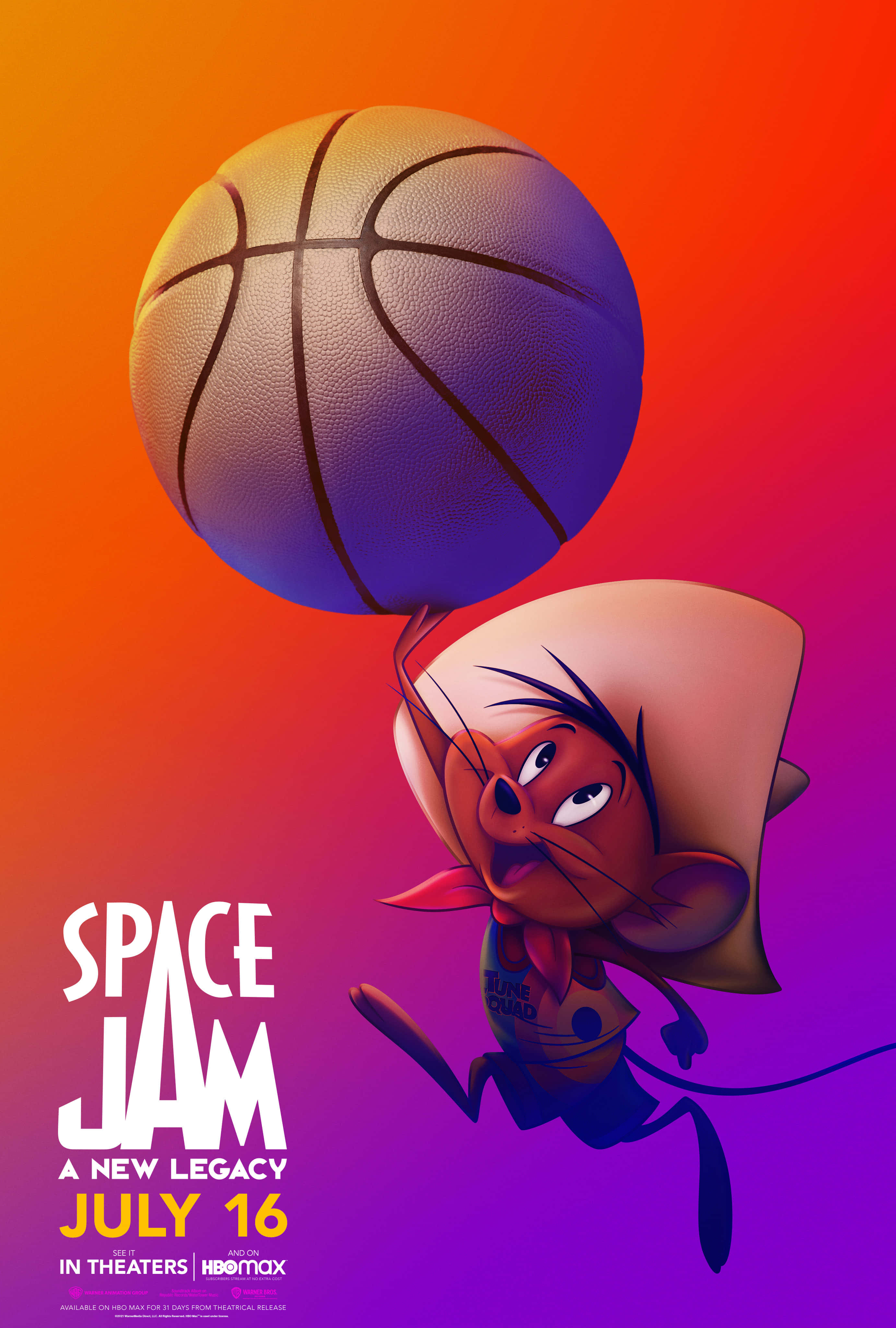 Space Jam A New Legacy 桌布 壁紙 — 一隻穿著籃球球衣的卡通老鼠，在充滿活力的漸變背景前，手持籃球動態跳躍。