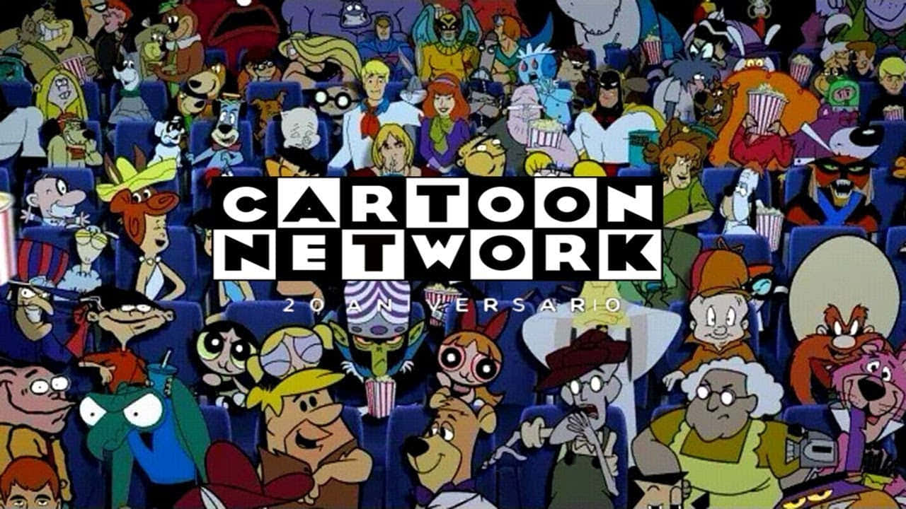 卡通頻道 桌布 壁紙 — Cartoon Network 20 週年標誌，周圍環繞著一群充滿活力的標誌性動畫角色，在劇院環境中。