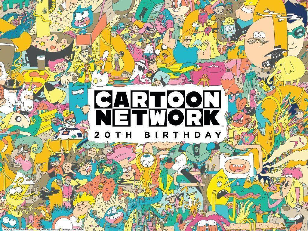 Cartoon 桌布 壁紙 — Cartoon Network 角色慶祝20週年的充滿活力的混亂拼貼畫，具有大膽的色彩和俏皮的表情。