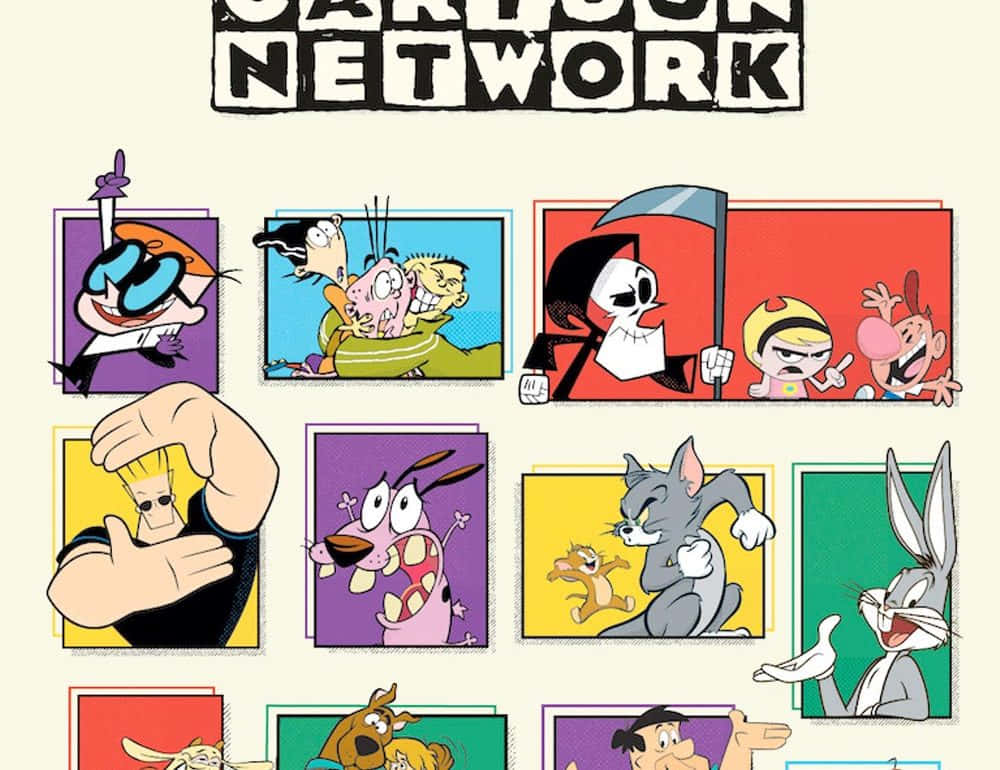 卡通頻道 桌布 壁紙 — Cartoon Network 標誌位於色彩繽紛的框架面板中經典動畫角色的網格上方。