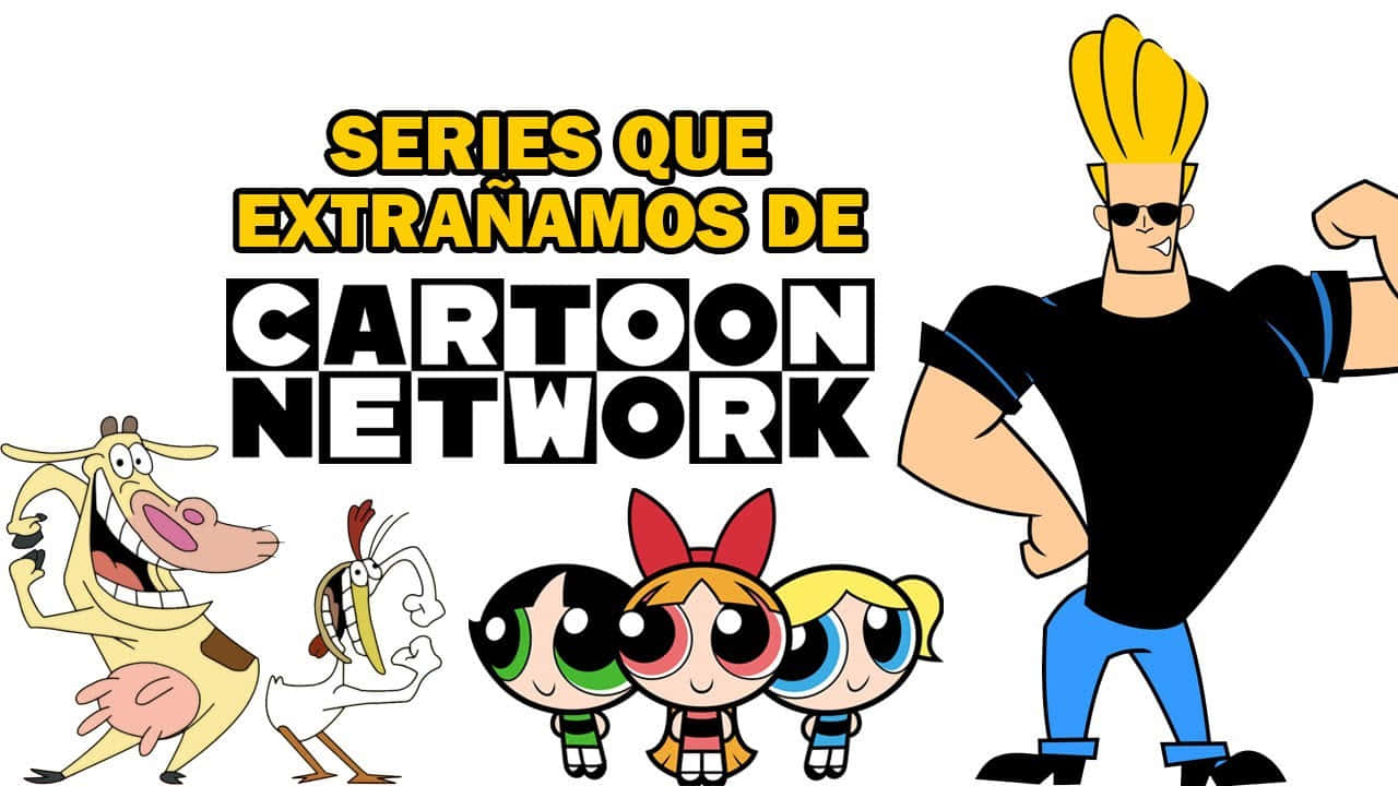 卡通頻道 桌布 壁紙 — Cartoon Network 角色如飛天小女警和強尼·布拉沃在白色背景上愉快地擺姿勢，並帶有粗體黃色和黑色文字。