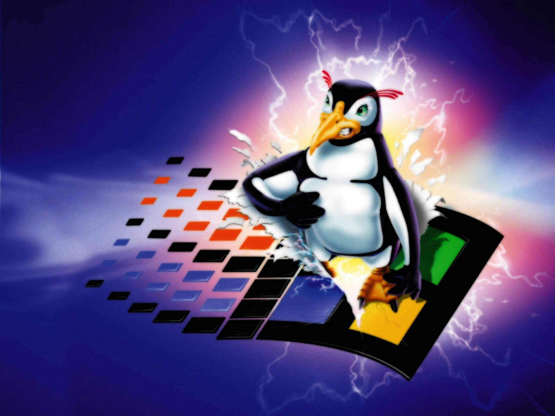 卡通企鵝衝破Windows標誌，帶有電火花。 — Linux 壁紙