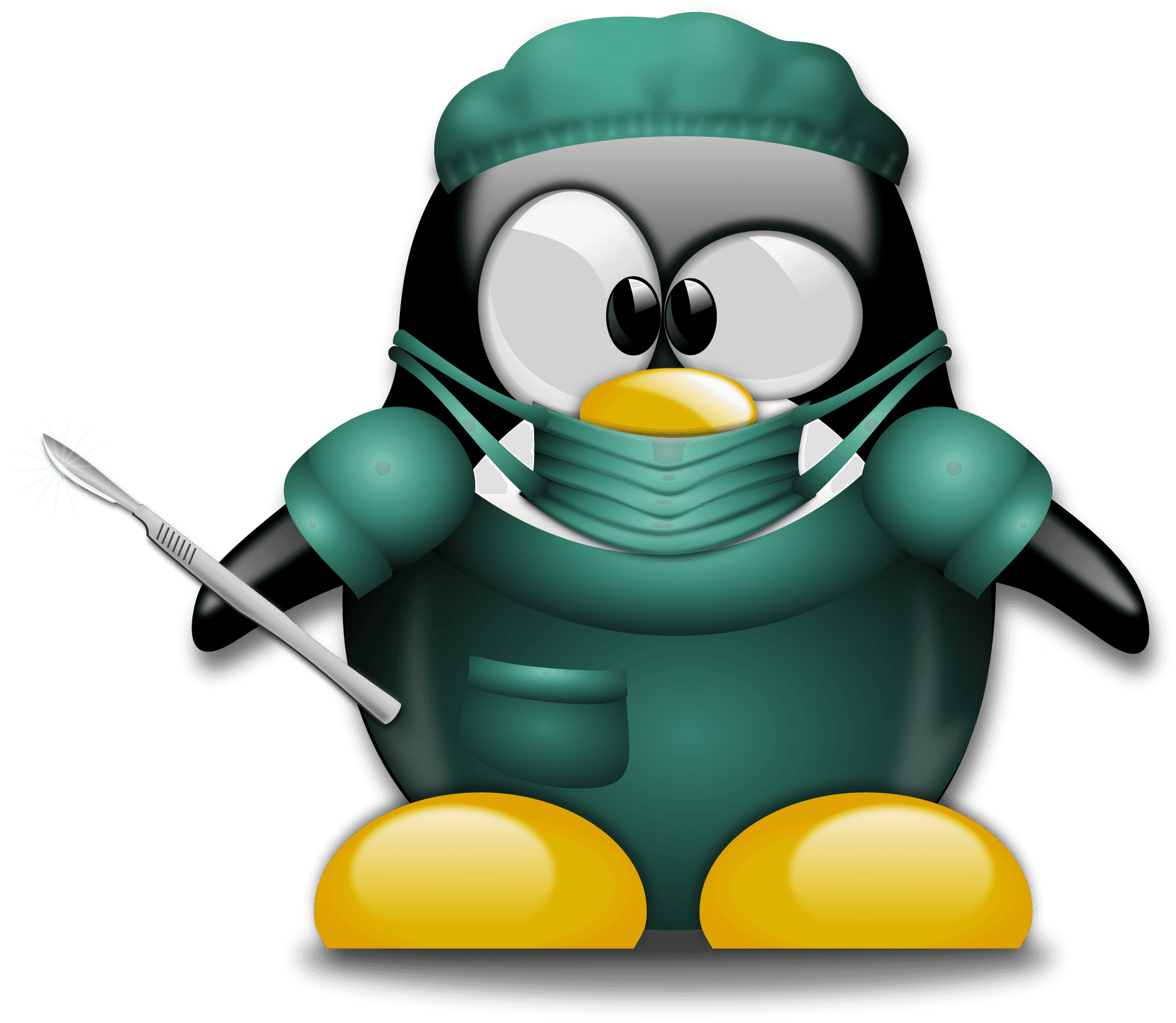 卡通企鵝打扮成外科醫生，手持手術刀。 — Linux 壁紙