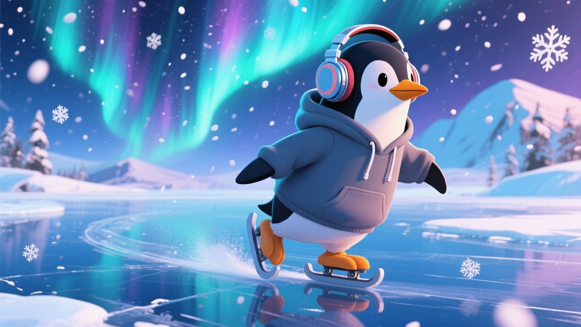 Penguin on Ice 壁紙 — 一隻穿著連帽衫和耳機的卡通企鵝在鮮綠色和紫色的極光下滑冰，雪花飄落。