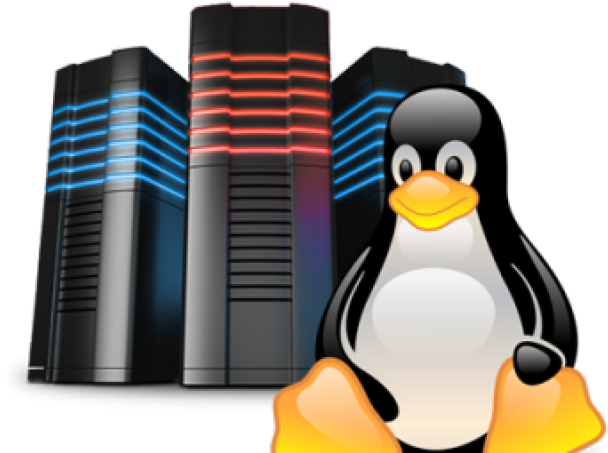 Linux 企鵝吉祥物在發光的伺服器機架前。 — Linux 壁紙