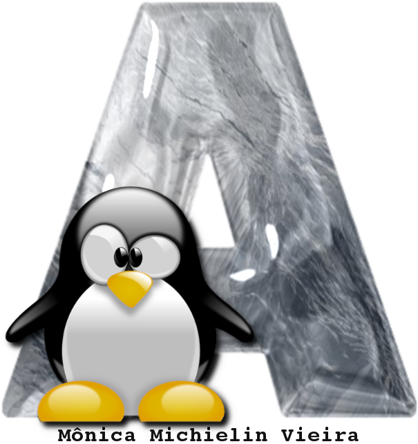 卡通企鵝站在一個大理石紋理的字母A前面。 — Linux 壁紙
