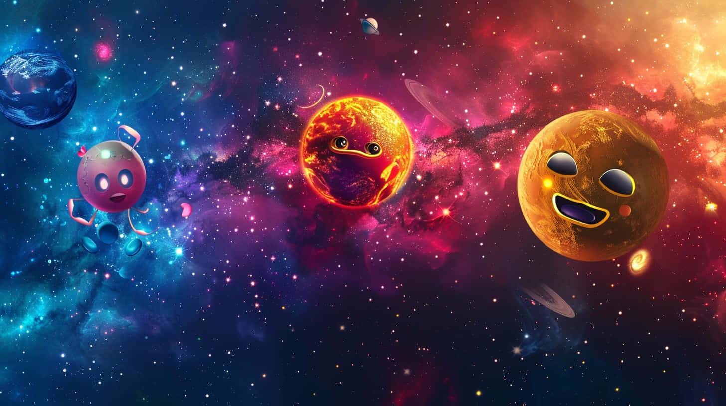  壁紙 — 帶有臉孔的卡通行星在充滿星星和彩色氣體雲的充滿活力的宇宙星雲中快樂地漂浮。